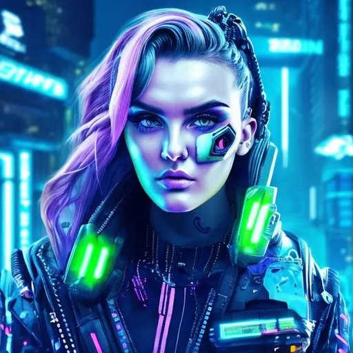 Prompt: Perrie Edwards cyberpunk portrait, futuristic cybernetic enhancements, neon cityscape in the background, sleek and edgy fashion, intense and focused gaze, high-tech accessories, 4k, ultra-detailed, cyberpunk, futuristic, intense gaze, neon cityscape, sleek fashion, high-tech accessories, professional lighting