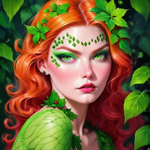 Prompt:  Elisha Cuthbert  portrait, poison ivy, digital painting, dramatic colourful makeup, high fashion, intense gaze, realistic portrayal, vibrant colors, detailed features, highres, professional, dramatic, realistic, digital painting, intense gaze, vibrant colors, detailed features, high fashion, glamorous lighting, green eyeshadow , green makeup 