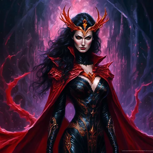 Prompt: Supervillainess,<mymodel> digital painting, elaborate costume, menacing expression, high quality, detailed, dark fantasy, dramatic lighting, regal and powerful, vibrant colors, fantasy, digital art, evil queen, powerful aura, sinister, intense gaze, gothic style, flowing cape, mysterious background, intricate details, magical effects