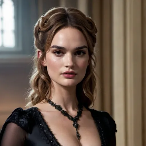 Prompt: Lily james as a  evil mistress 