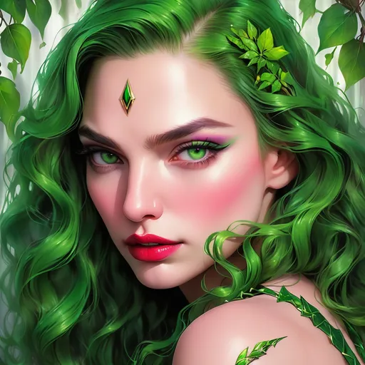 Prompt:  Gal Gadot  portrait, poison ivy, digital painting, dramatic colourful makeup, high fashion, intense gaze, realistic portrayal, vibrant colors, detailed features, highres, professional, dramatic, realistic, digital painting, intense gaze, vibrant colors, detailed features, high fashion, glamorous lighting, green eyeshadow , green makeup 