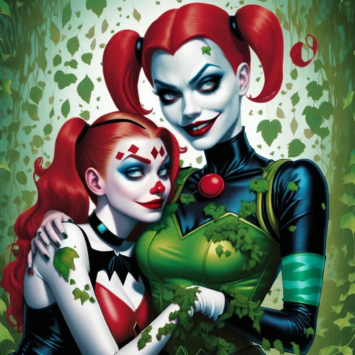 Prompt: Poison ivy hypnotized by Harley Quinn 