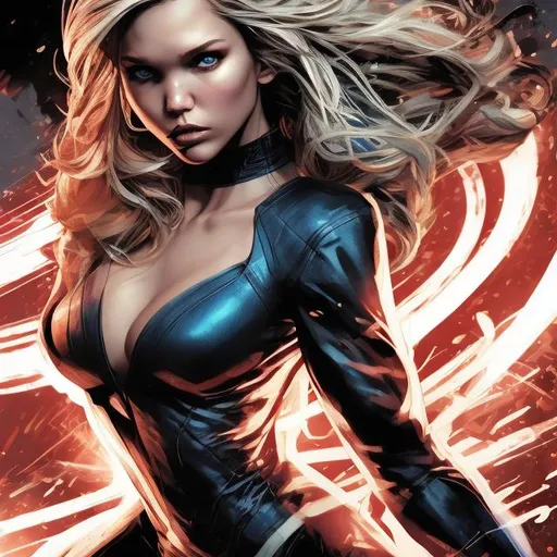 Prompt: Sasha Luss in DC Comics, digital illustration, high-res, comic book style, intense and dynamic action scene, vibrant colors, dramatic lighting, detailed facial features, professional, cinematic, superhero, comic art, powerful stance, dynamic composition, realistic details, action-packed, best quality, vibrant colors, comic book style, intense lighting, dynamic composition, detailed facial features