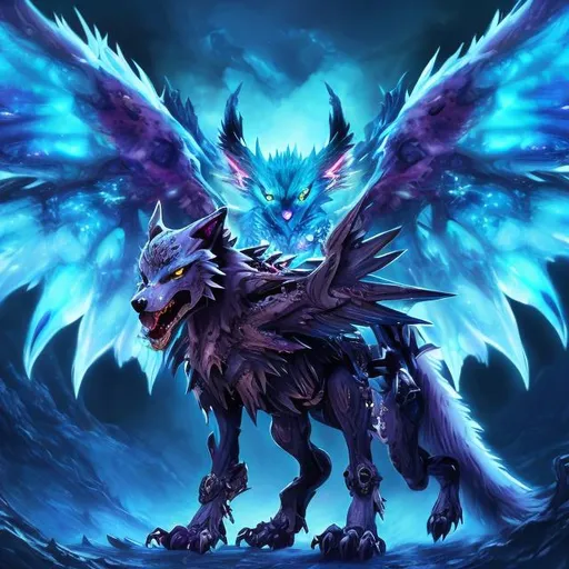 Prompt: Digimon wolf, digital painting, detailed wings, vibrant colors, glowing eyes, dynamic pose, intricate details, intense and mysterious, fantasy, surreal lighting, night scene, highres, digital art, dynamic, surreal, vibrant, detailed wings, mysterious eyes, intense, fantasy art, intricate, night lighting