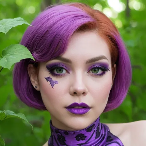 Prompt: <mymodel> poison ivy close up portrait 
   bimbo hypnotic purple makeup short hair 