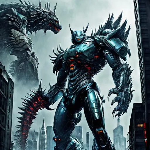 Prompt: Pacific Rim kaiju wolf, digital painting, towering over city, menacing presence, highly detailed fur and scales, dramatic lighting, colossal size, futuristic cityscape, high quality, detailed, intense, digital painting, kaiju, wolf, menacing, dramatic lighting, futuristic cityscape, colossal size, highly detailed