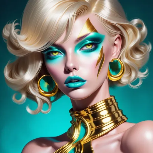 Prompt: Hypnotic platinum blonde bimbo, gold lips, teal eyeshadow, high quality, surreal, vibrant colors, glossy finish, detailed makeup, glamorous lighting