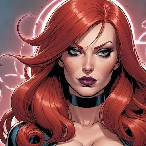 Prompt: Hypnotic Supervillainess   bimbo red hair  in marvel  comics   