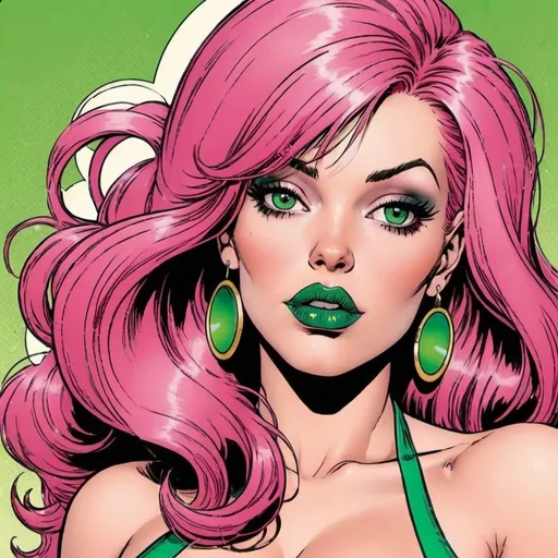 Prompt: Hypnotic     bimbo pink  hair  in marvel  comics   green lips 