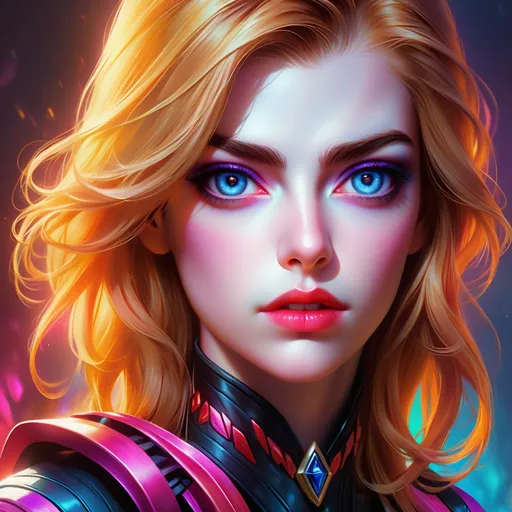Prompt:  Elizabeth turner portrait, widowmaker,  digital painting, dramatic colourful makeup, high fashion, intense gaze, realistic portrayal, vibrant colors, detailed features, highres, professional, dramatic, realistic, digital painting, intense gaze, vibrant colors, detailed features, high fashion, glamorous lighting