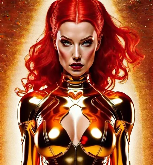 Prompt: Close up portrait,<mymodel>red with gold latex outfit, shiny metallic textures, high quality, digital art, futuristic, golden tones, dramatic lighting