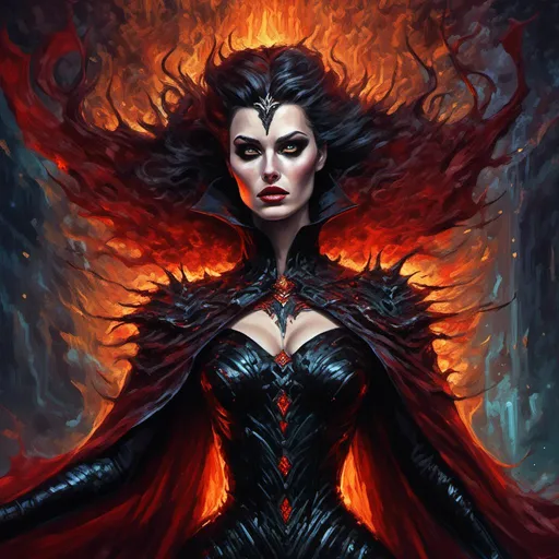 Prompt: Supervillainess, digita<mymodel>l painting, elaborate costume, menacing expression, high quality, detailed, dark fantasy, dramatic lighting, regal and powerful, vibrant colors, fantasy, digital art, evil queen, powerful aura, sinister, intense gaze, gothic style, flowing cape, mysterious background, intricate details, magical effects