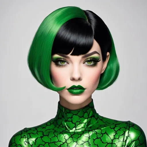 Prompt:  Poison ivy  with a short black bob hair style      green lips  bimbo