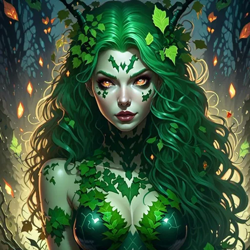 Prompt: <mymodel> Hypnotic   green skin     poison ivy  hypnotized glowing eyes   