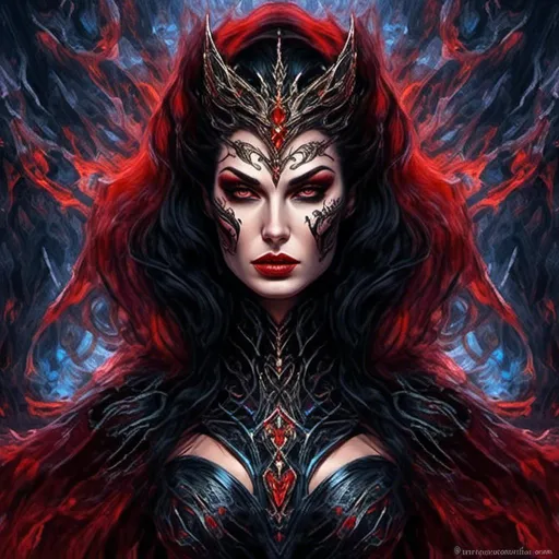 Prompt: Supervillainess, digita<mymodel>l painting, elaborate costume, menacing expression, high quality, detailed, dark fantasy, dramatic lighting, regal and powerful, vibrant colors, fantasy, digital art, evil queen, powerful aura, sinister, intense gaze, gothic style, flowing cape, mysterious background, intricate details, magical effects
