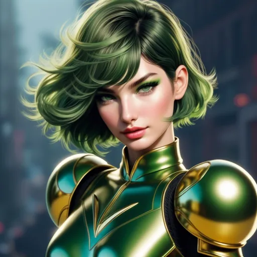 Prompt: Lilly Aldridge    gold lips and   green eyeshadow   pixie hair cut