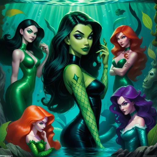 Prompt: Shego hypnotized by poison ivy and an evil mermaid