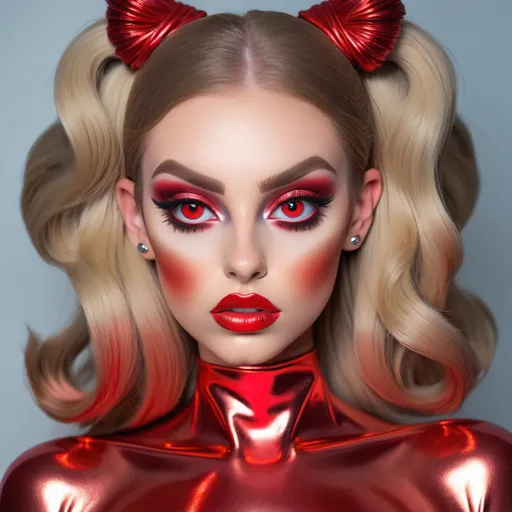 Prompt: Madelyn Cline  as hypnotic  bimbo metallic   red makeup         