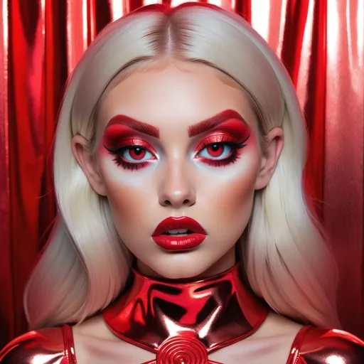 Prompt: Madelyn Cline  as hypnotic  bimbo metallic   red makeup         