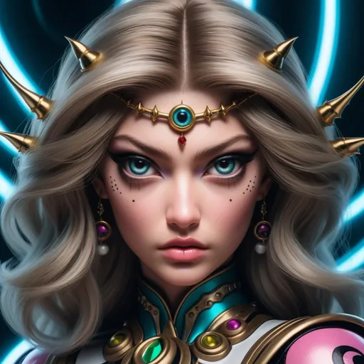 Prompt: Hypnotic bimbo evil princess Gigi hadid  close up portrait 