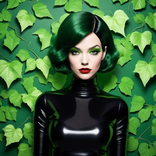 Prompt:  Poison ivy  with a short black bob hair style      green lips 