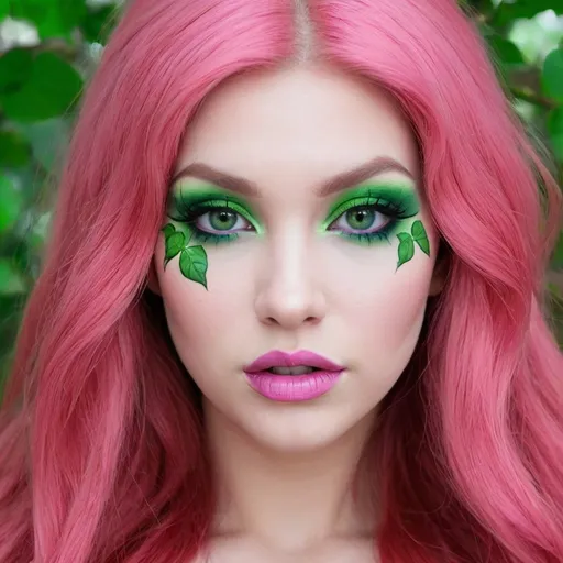 Prompt: <mymodel> poison ivy close up portrait 
   bimbo hypnotic pink makeup long  hair 