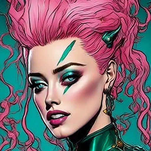 Prompt: Amber Heard as an evil alien with pink  hair and teal  eye shadow, teql l lips, <mymodel>