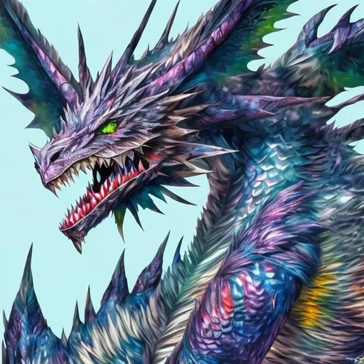 Prompt: Digimon dragon hybrid, digital art, detailed scales and feathers, vibrant colors, high quality, anime style, fantasy, magical lighting