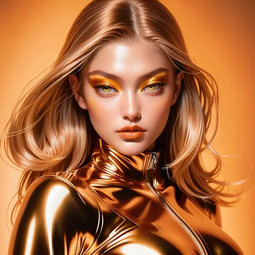 Prompt: Close-up portrait of Gigi Hadid with vibrant gold eyeshadow, glossy copper latex outfit, high-fashion bimbo aesthetic, ultra-high detail, professional photography, glossy, high resolution, fashion photography, bimbo style, vibrant colors, intense gaze, striking makeup, professional lighting