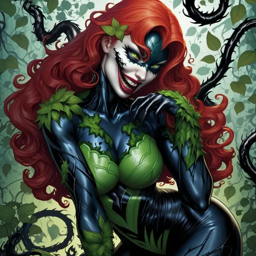 Prompt: Poison ivy covered in a venom symbiote