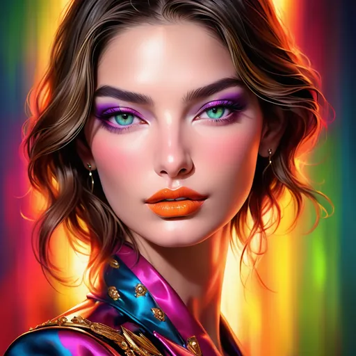Prompt:  Lily Aldridge  portrait, digital painting, dramatic colourful makeup, high fashion, intense gaze, realistic portrayal, vibrant colors, detailed features, highres, professional, dramatic, realistic, digital painting, intense gaze, vibrant colors, detailed features, high fashion, glamorous lighting