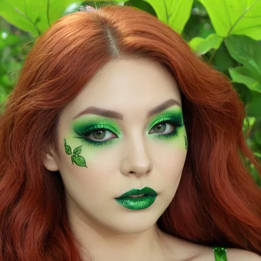 Prompt: <mymodel> poison ivy close up portrait 
   bimbo hypnotic green makeup 