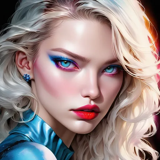 Prompt:  Sasha Luss  portrait,  killer frost, digital painting, dramatic colourful makeup, high fashion, intense gaze, realistic portrayal, vibrant colors, detailed features, highres, professional, dramatic, realistic, digital painting, intense gaze, vibrant colors, detailed features, high fashion, glamorous lighting