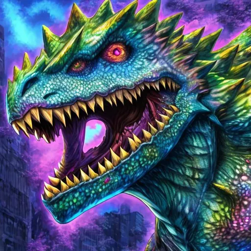 Prompt: Digimon dinosaur hybrid, digital art, detailed scales and feathers, vibrant colors, high quality, anime style, fantasy, magical lighting