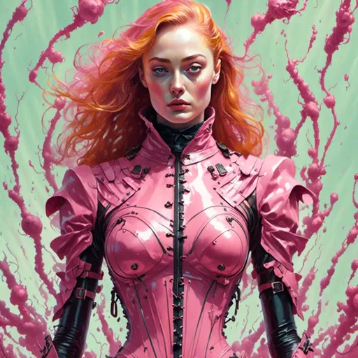 Prompt: Sophie turner as a pink latex Hypnotic bimbo <mymodel> artstyle