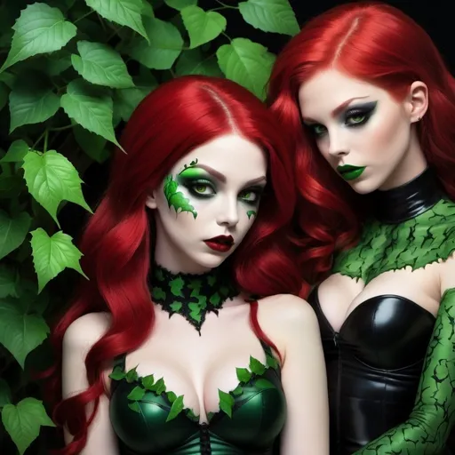 Prompt: Goth Poison ivy hypnotizing a Hypnotic bimbo  red  hair  green lips 