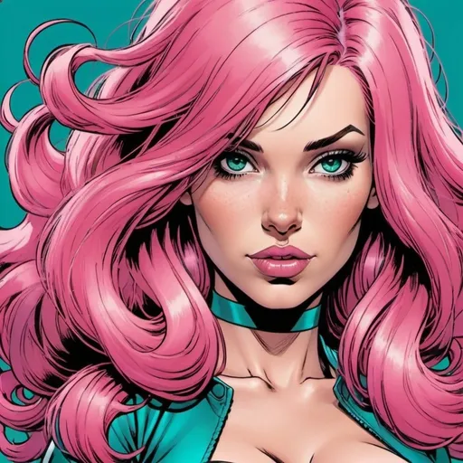 Prompt: Hypnotic     bimbo pink  hair  in marvel  comics   teal 