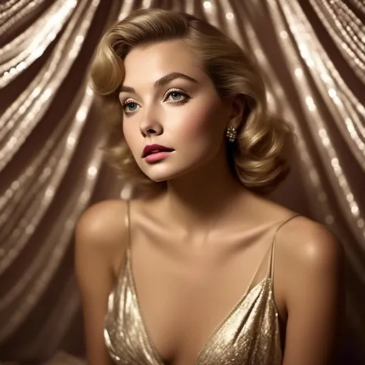 Prompt: High-res, glamorous Hollywood lighting, flowing silky gown, captivating eyes, elegant pose, old Hollywood glamour, vintage, temptress, classic Hollywood, detailed eyes<mymodel>, captivating gaze, vintage, elegant, professional, atmospheric lighting, glamorous, Hollywood, silky gown