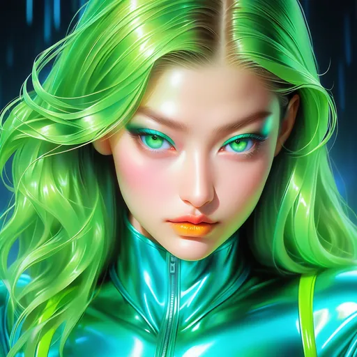 Prompt: Close-up portrait of Gigi Hadid with vibrant blue eyeshadow, glossy green latex outfit, high-fashion bimbo aesthetic, ultra-high detail, professional photography, glossy, high resolution, fashion photography, bimbo style, vibrant colors, intense gaze, striking makeup, professional lighting
