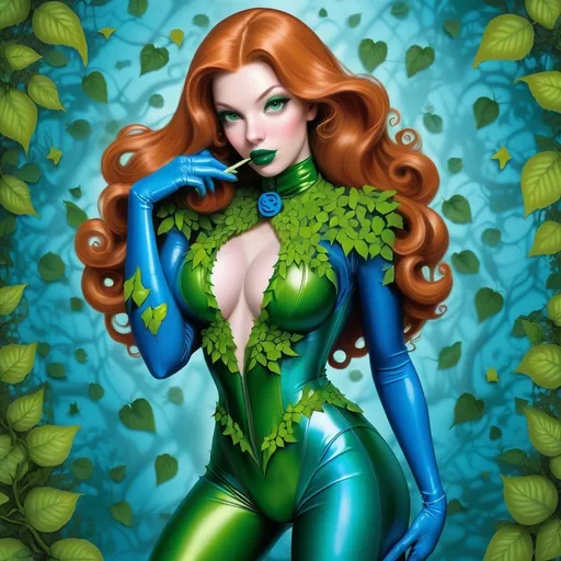 Prompt: Poison ivy ginger green lips blue latex body suit  bimbo