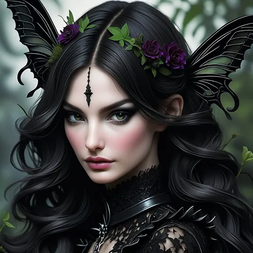 Prompt: Lilly Aldridge   as a  goth   nymph close up portrait 