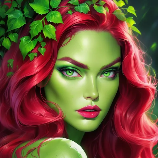 Prompt: Megan fox  portrait, poison ivy, digital painting, dramatic colourful makeup, high fashion, intense gaze, realistic portrayal, vibrant colors, detailed features, highres, professional, dramatic, realistic, digital painting, intense gaze, vibrant colors, detailed features, high fashion, glamorous lighting, green skin , green makeup 