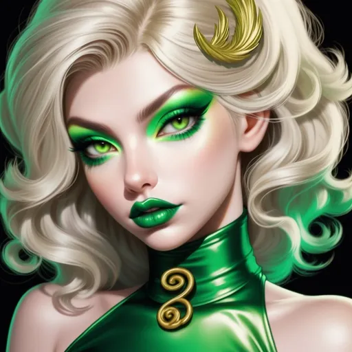 Prompt: Hypnotic bimbo  platinum  blonde   gold lips and green eyeshadow 