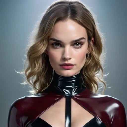 Prompt: Lily james as a  Hypnotic Supervillainess in latex