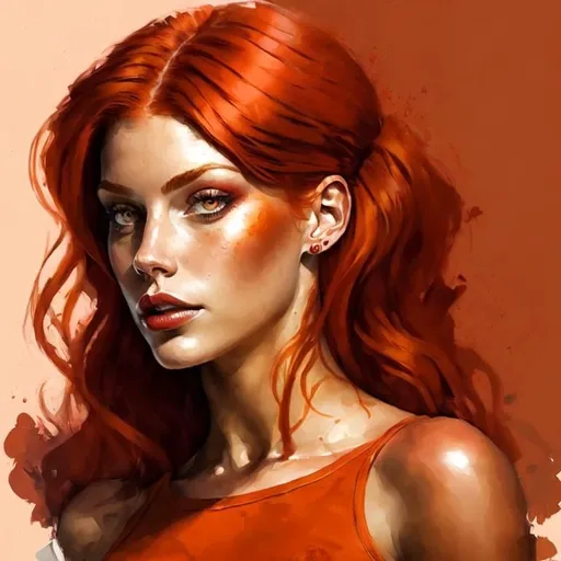 Prompt: Red hair , bronze lips and copper eyeshadow , female