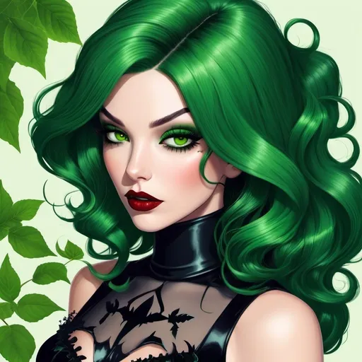 Prompt:  Poison ivy  with a black bob hair style      green lips 