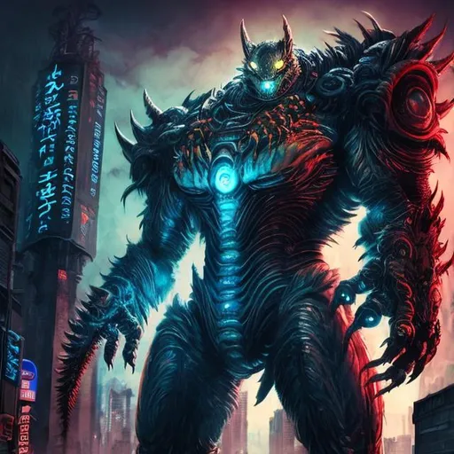 Prompt: Pacific Rim Kaiju bat, digital painting, monstrous size, detailed fur with glowing bioluminescent patterns, intense glowing eyes, towering over cityscape, high-tech armor, vibrant neon color tones, dramatic lighting, high-quality, digital painting, kaiju, wolf, bioluminescent, monstrous, glowing eyes, cityscape, neon, dramatic lighting, bio organic armor