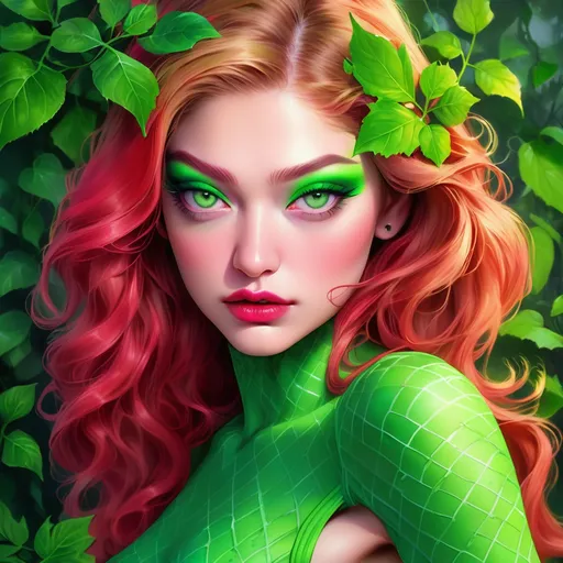 Prompt:  Gigi hadid   portrait, poison ivy, digital painting, dramatic colourful makeup, high fashion, intense gaze, realistic portrayal, vibrant colors, detailed features, highres, professional, dramatic, realistic, digital painting, intense gaze, vibrant colors, detailed features, high fashion, glamorous lighting, green eyeshadow , green makeup 