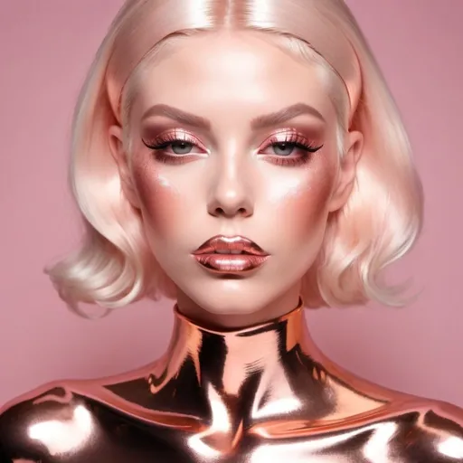 Prompt:  Platinum blonde bimbo in rose gold  latex with rose gold lips 