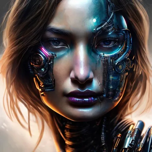 Prompt:  Lily Aldridge as a cyborg portrait, digital painting, dramatic colourful makeup, high fashion, intense gaze, realistic portrayal, vibrant colors, detailed features, highres, professional, dramatic, realistic, digital painting, intense gaze, vibrant colors, detailed features, high fashion, glamorous lighting